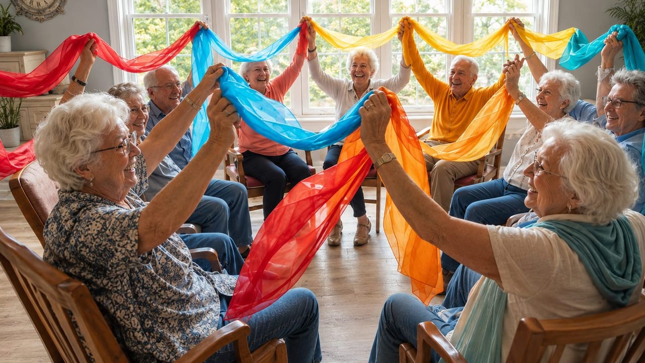 Skupina seniorů sedí v kruhu na židlích a společně drží barevné šátky nad hlavami